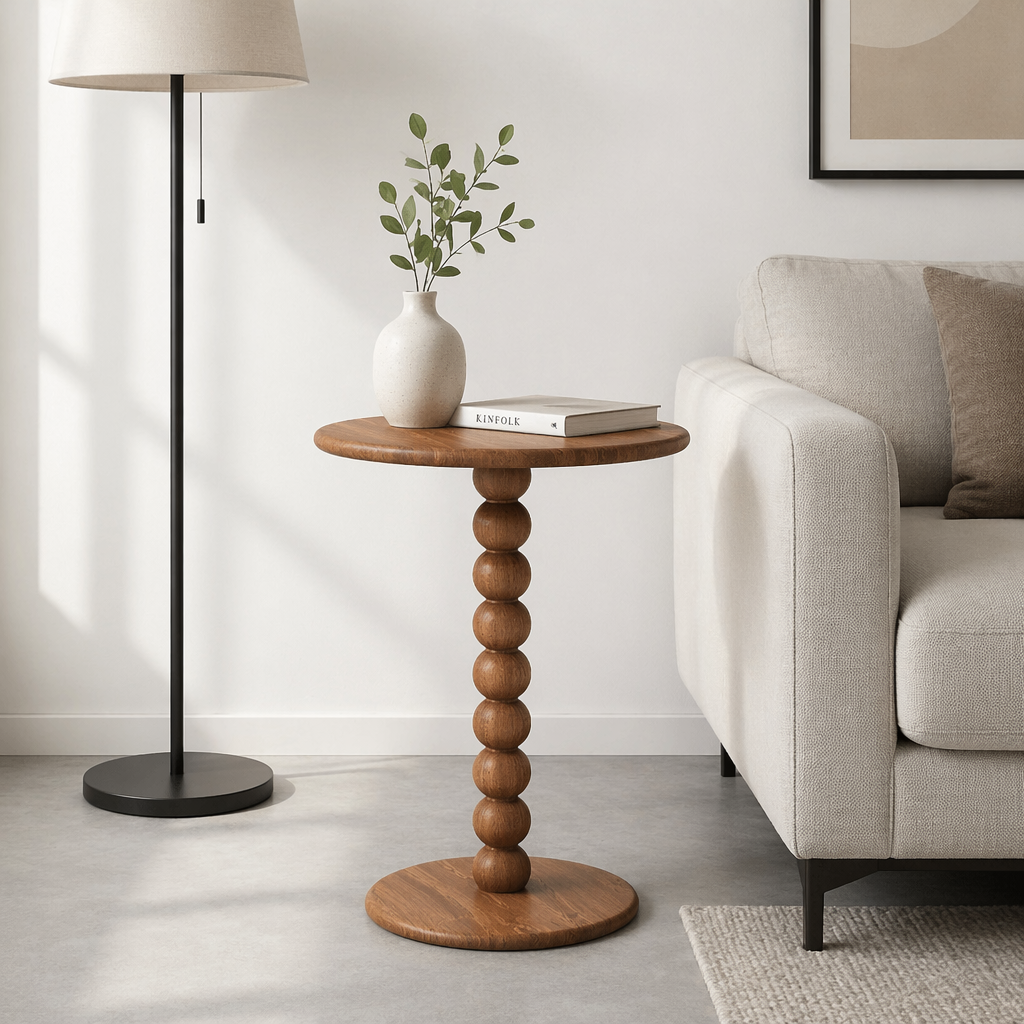Wood Beaded Pedestal Side Table Farmhouse Round Solid Wood End Table Spindle Bobbin Accent Table Living Room Sofa Side Table