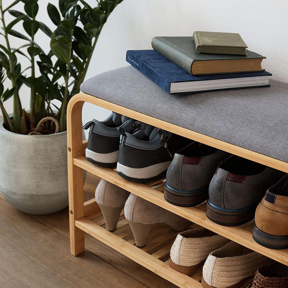 Modern Durable 3-Tier Bamboo Shoe Rack Bench with Storage Shelves for Living Room Entryway