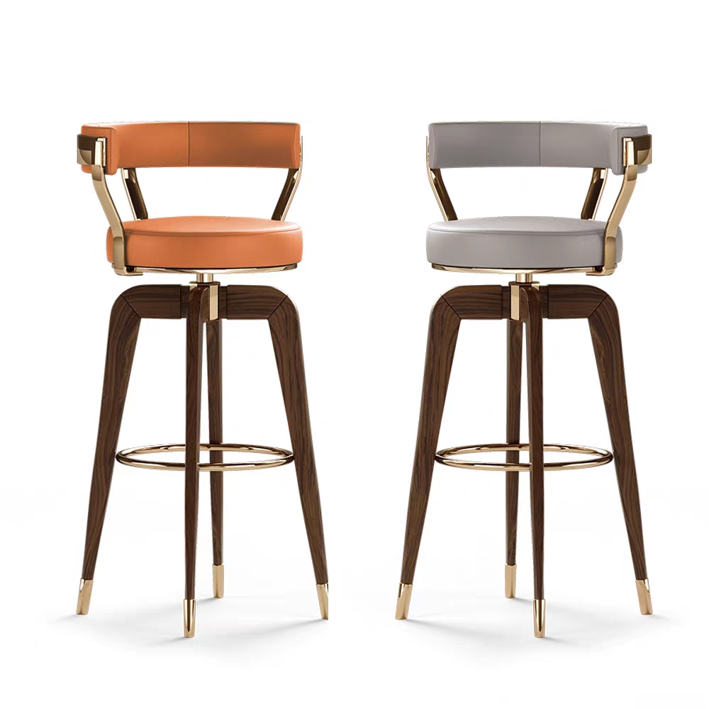 Nordic Luxury Modern Solid Wood Frame Leather Upholstered Bar Chair for bar Coffee Round Shape Round Shape Swivel bar Stool