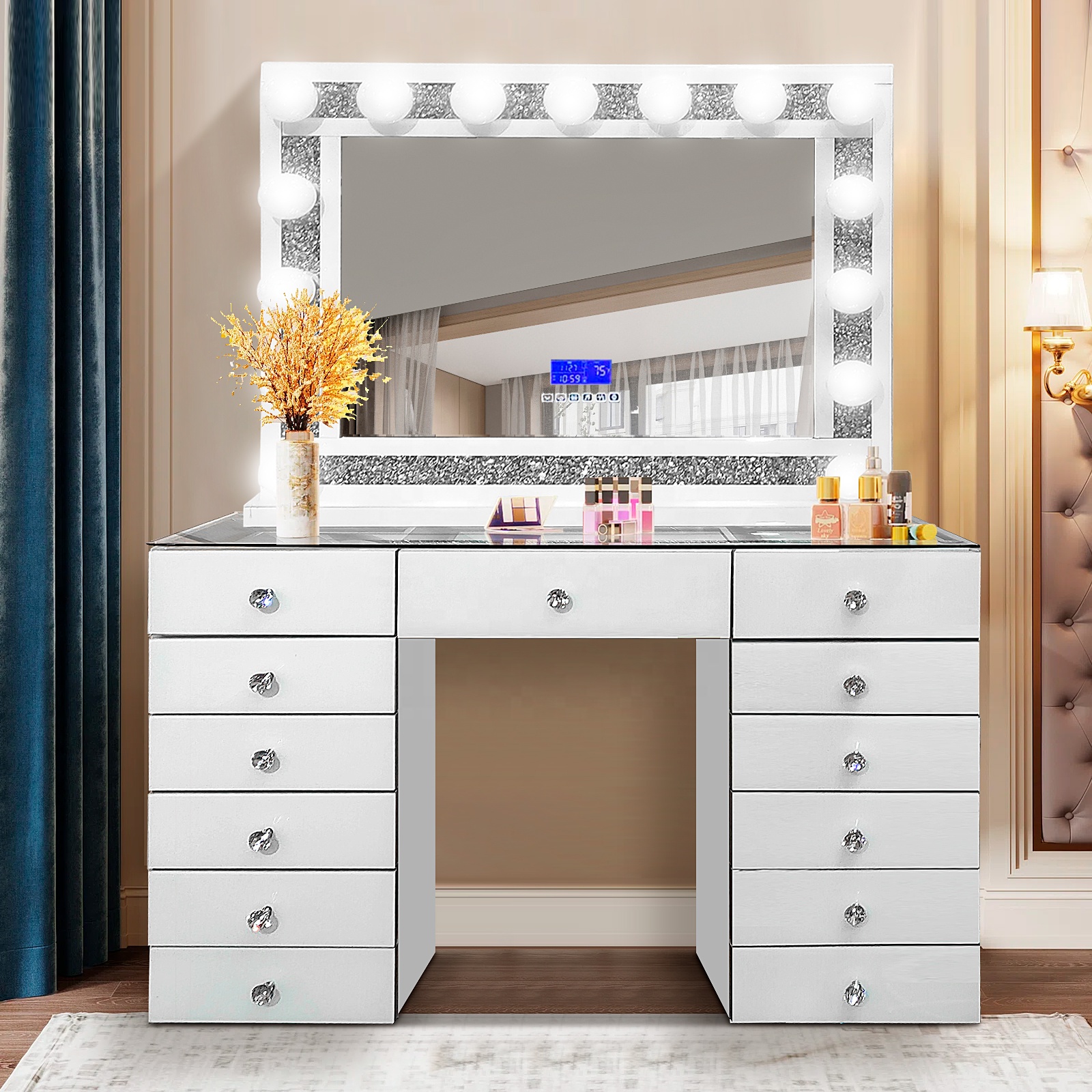 Top Seller Luxury White Mirrored Vanity Table with LED Makeup Mirror Set Mirrored Furniture Dressing Table Desk for Bedroom