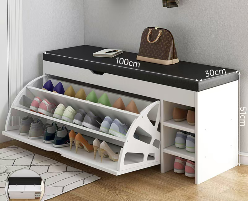 Hanyee 2026 Modern Decorative Bamboo Leather Shoe Storage Bench Simple Style Entrance Area Shoe Cabinet Home Furniture