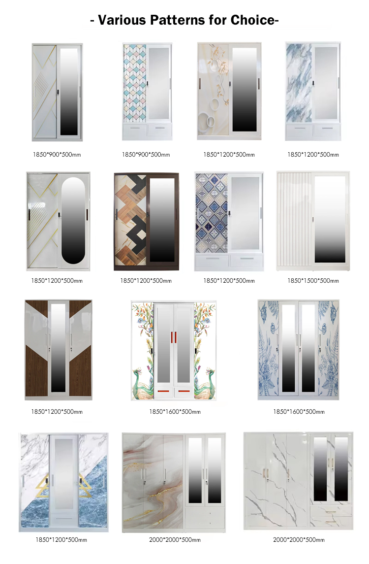 Custom Design Printing Knock Down Iron Cupboard Cloth Storage Bedroom Furniture Metal Mirror Sliding Steel Wardrobe 2 Door