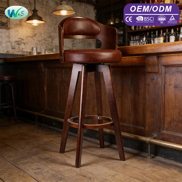 Customizable Nordic Style Wood Bar Stools PU Leather Chair with Backrest Swivel Wooden bar Stools Chair Factory WS98232