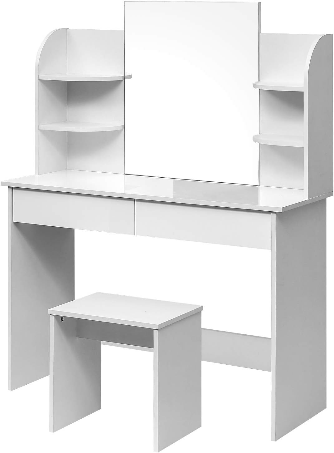 Dressing Table Set with Stool and Mirror, Cosmetic Table with High Gloss Tabletop MDF Wood Makeup Table Vanity Set