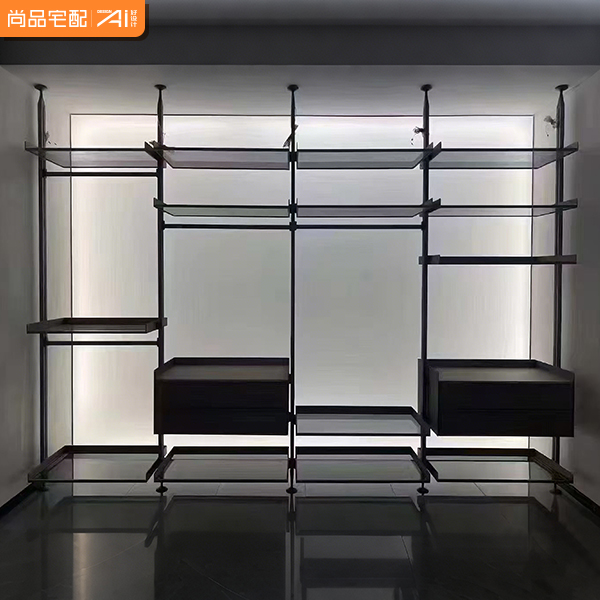 Luxury Contemporary Metal Glass Wardrobe with Backlit LED Strip Extendable Customizable Size and Material