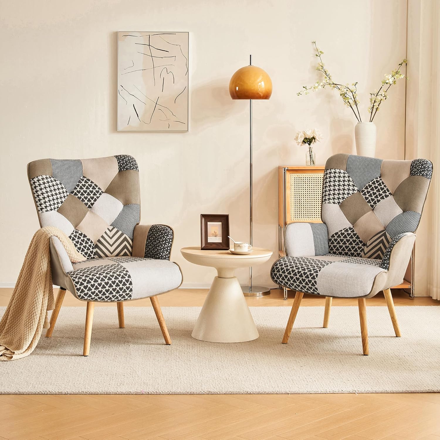 Modern High Back Square Armchair Memory Foam Colorful Patchwork Design Steel Frame Wood Finish Living Room Bedroom Dining Hotel