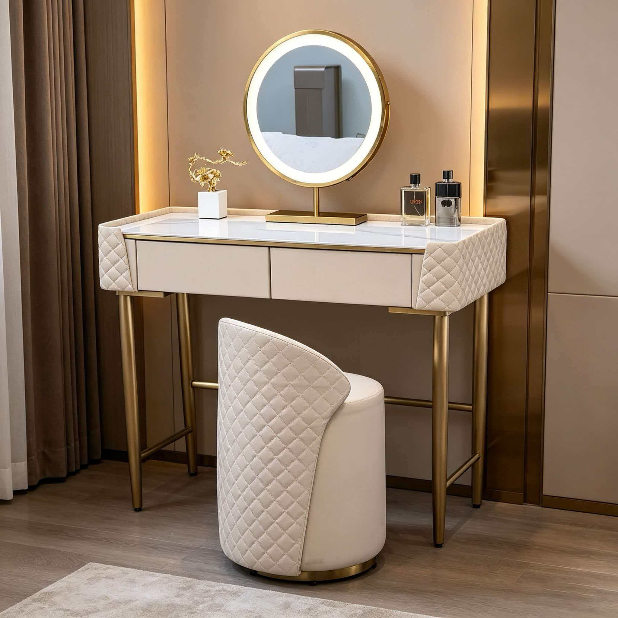 Modern Foldable 120x40x75cm Mirrored Vanity Dressing Table with LED Lighted Mirror and 2 Drawers for Bathroom