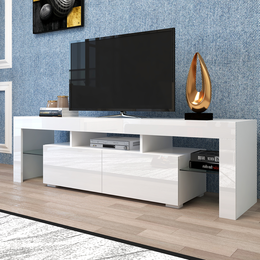 Modern Wood TV Stand with Adjustable Storage Shelves and TV Lift Fits 60-64in TVs for Living Room Hotel or Office
