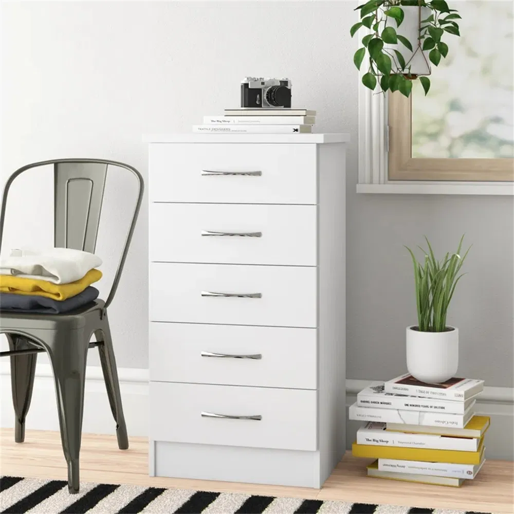 White Wooden 5 Dresser Chest of Drawers Details
