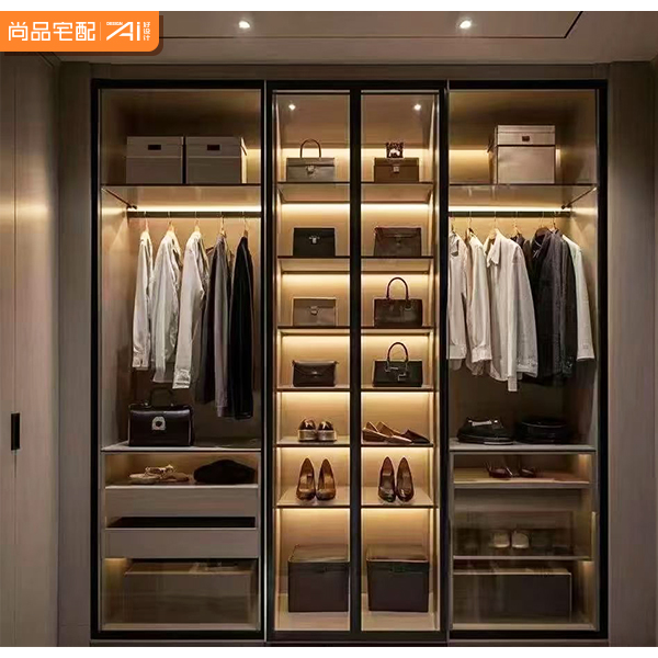 Luxury Contemporary Metal Glass Wardrobe with Backlit LED Strip Extendable Customizable Size and Material