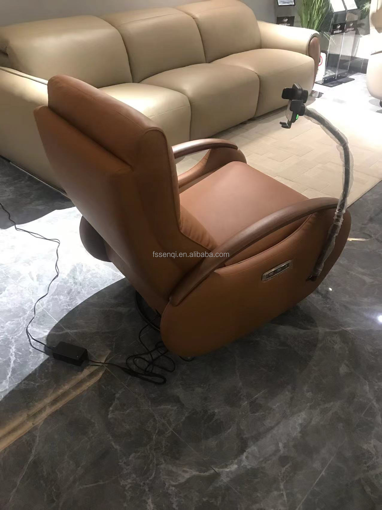 Modern Extendable Genuine Leather electric recliner Chair with Wooden Armrest GN-015