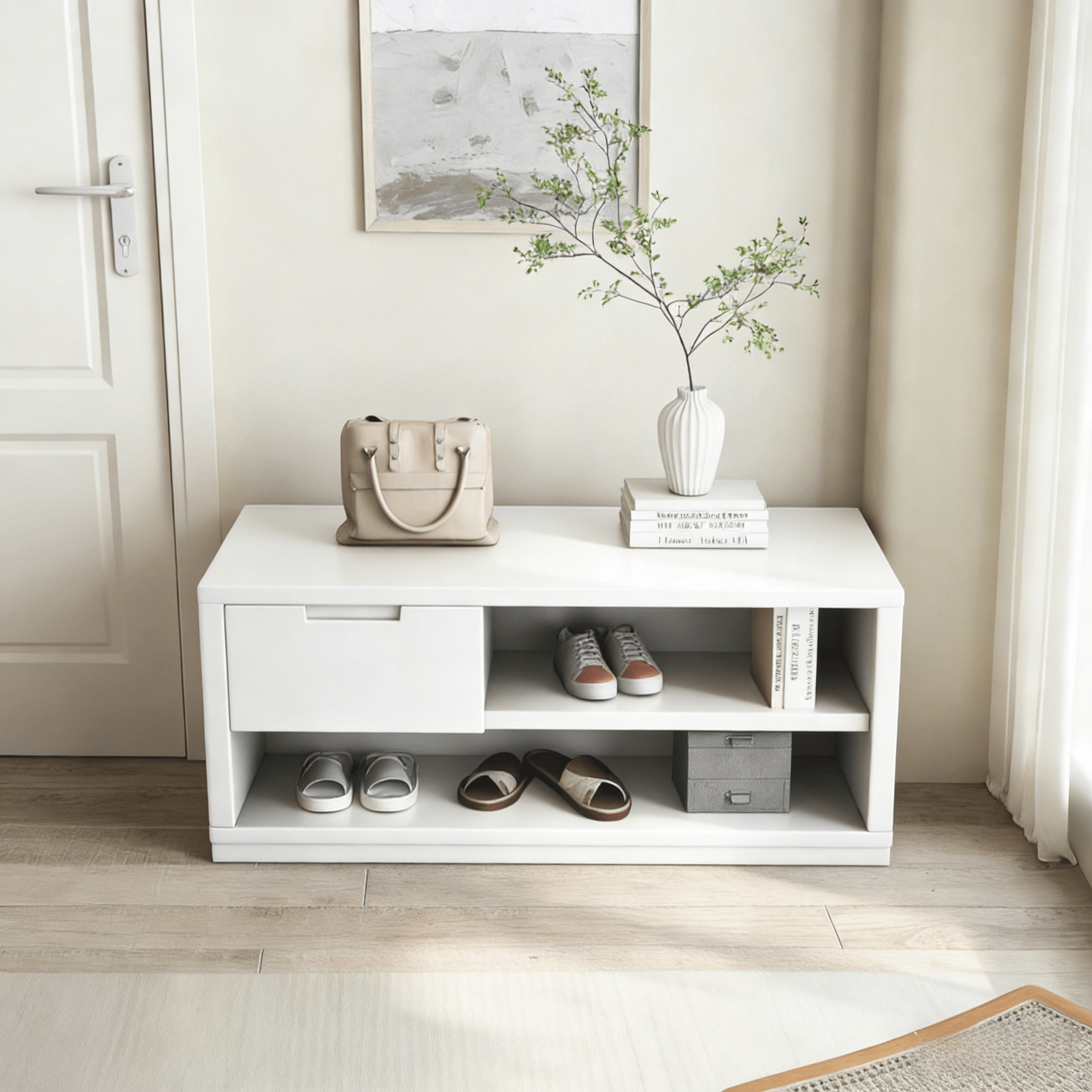 Solid Wood Shoe Bench Modern Minimalist Entryway &amp; Hotel Bench with Storage for Two People Lightweight Design