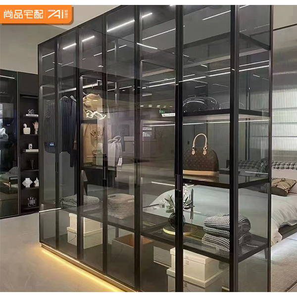 Luxury Contemporary Metal Glass Wardrobe with Backlit LED Strip Extendable Customizable Size and Material