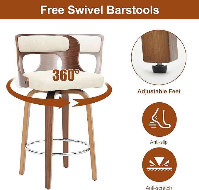 PU Synthetic Leather Modern Eco-Friendly Bar Stools Counter High Chair Swivel Bent Wood Adjustable Dining Kitchen Living Room