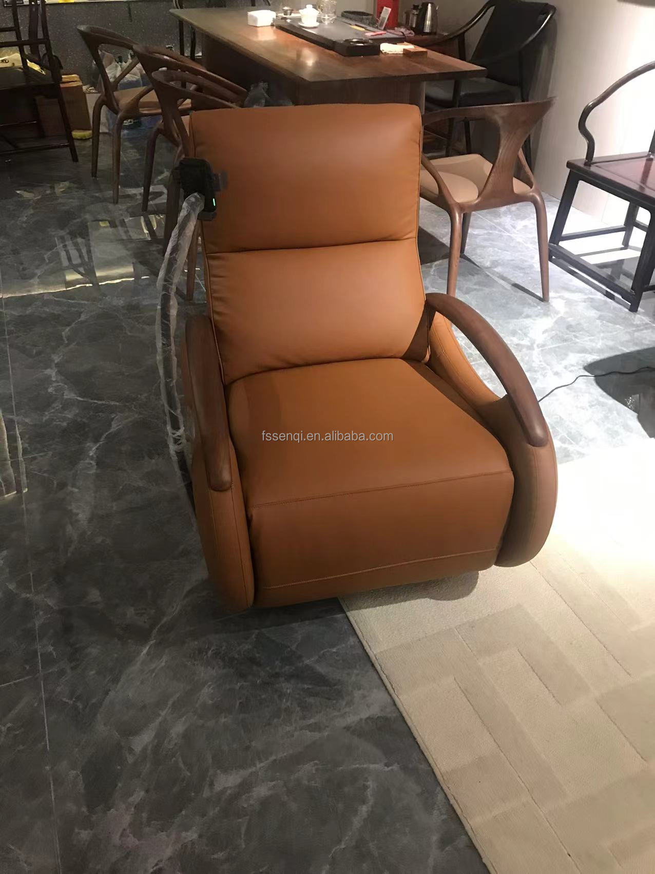 Modern Extendable Genuine Leather electric recliner Chair with Wooden Armrest GN-015