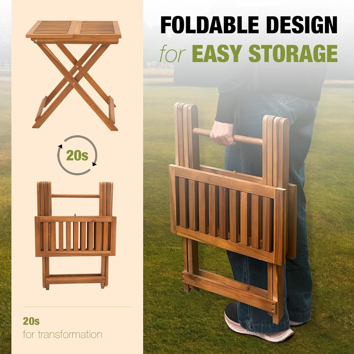 Folding Table Set of 2-Premium Modern Acacia Wood Portable Foldable Side Tables for Outdoor &amp; Indoor Use