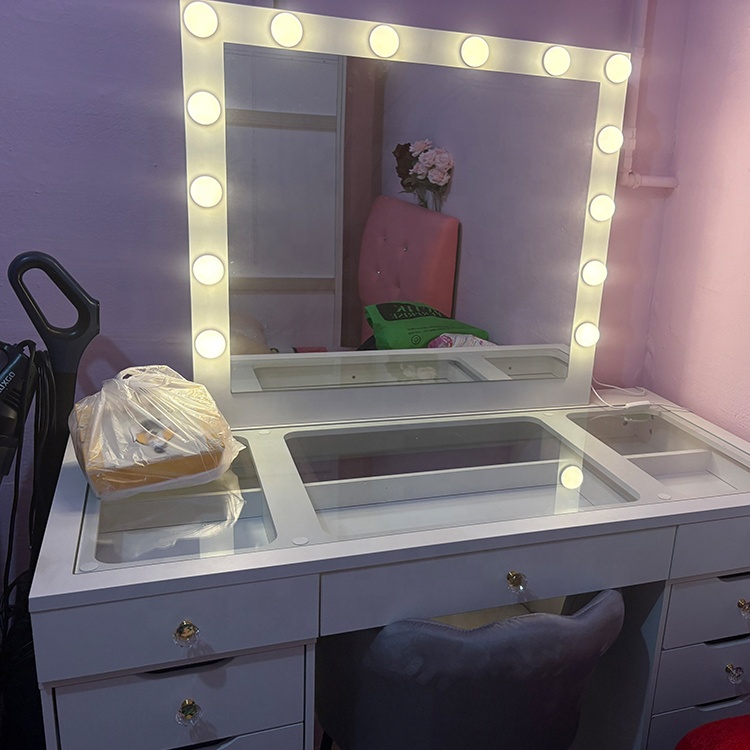 Modern Luxury Design Furniture Bedroom Vanity with Mirror and LED Lights Transparent Glass Tabletop Makeup Dressing Table