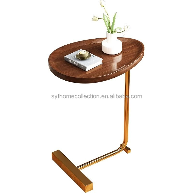 Ready Stock Round Tray Snack Stand Table, MDF Wood Look Top Metal C Frame Slide-in End Table for Sofa Tea Corner