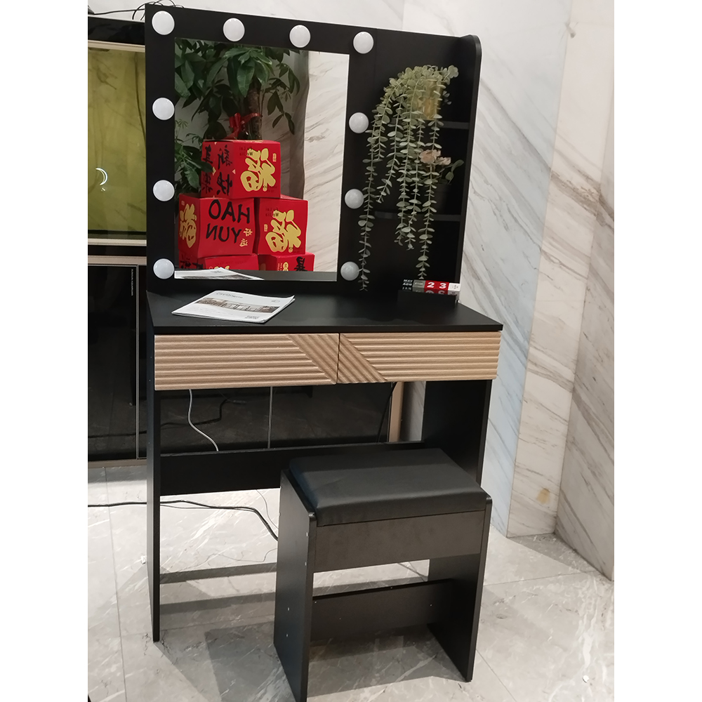 OEM/ODM Custom Wood Vanity Desk Makeup Table with Mirror Adjustable Lighting and Power Outlet