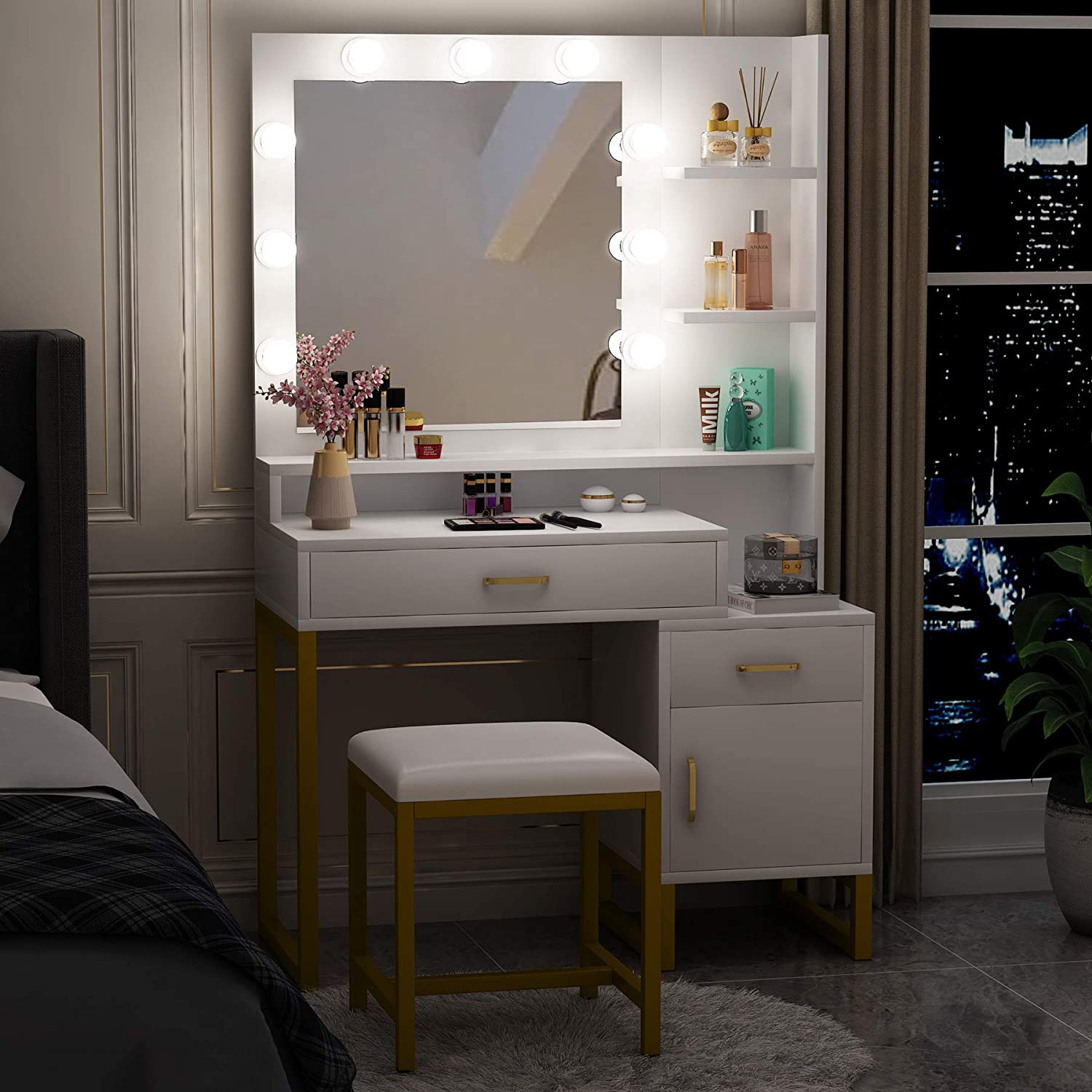 Corner Vanity Makeup Desk Dressing Table Mirrored Vanity Luxury Dressing Table Bathroom Modern Wooden Dresser White