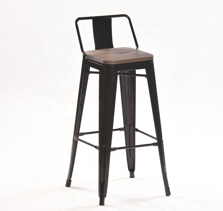 Modern Black Contemporary Iron Bar Stool with Wood Seat Durable Commercial Industrial Design for Kitchen Restaurant Hotel Use