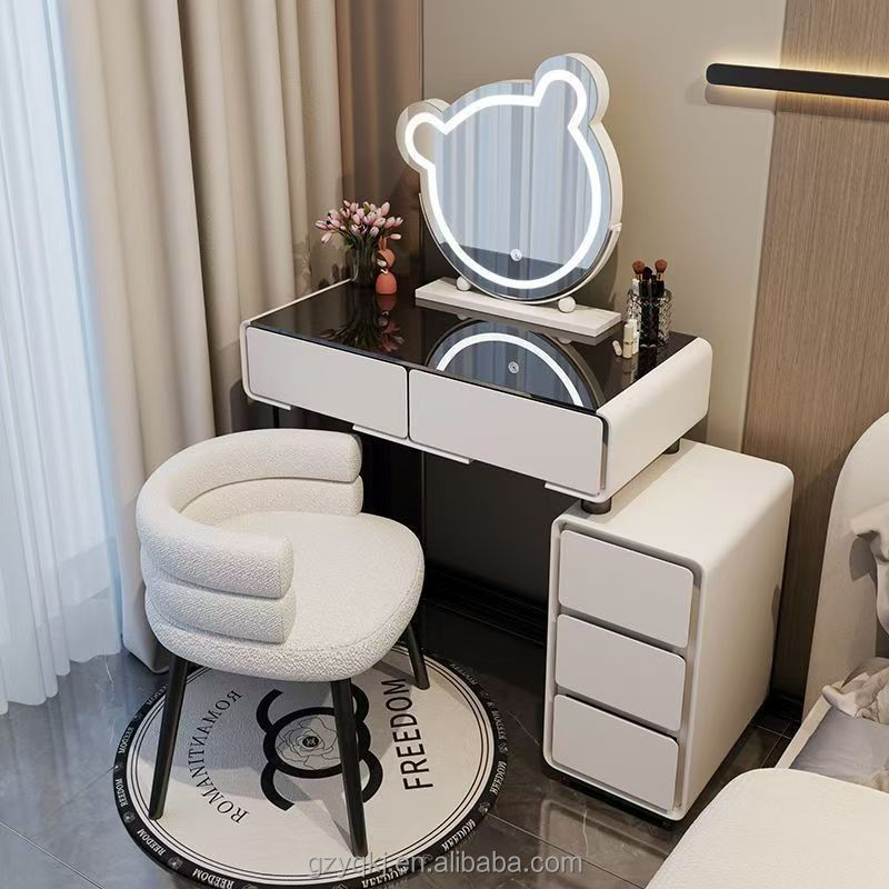 Modern Creamy Style Small-Sized Dressing Table with Rock Board &amp; Tempered Glass Simple Luxury Makeup Vanity
