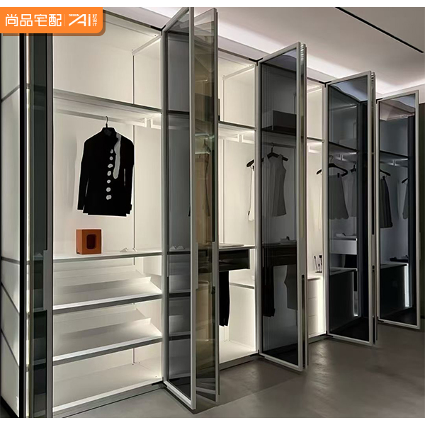 Luxury Contemporary Metal Glass Wardrobe with Backlit LED Strip Extendable Customizable Size and Material