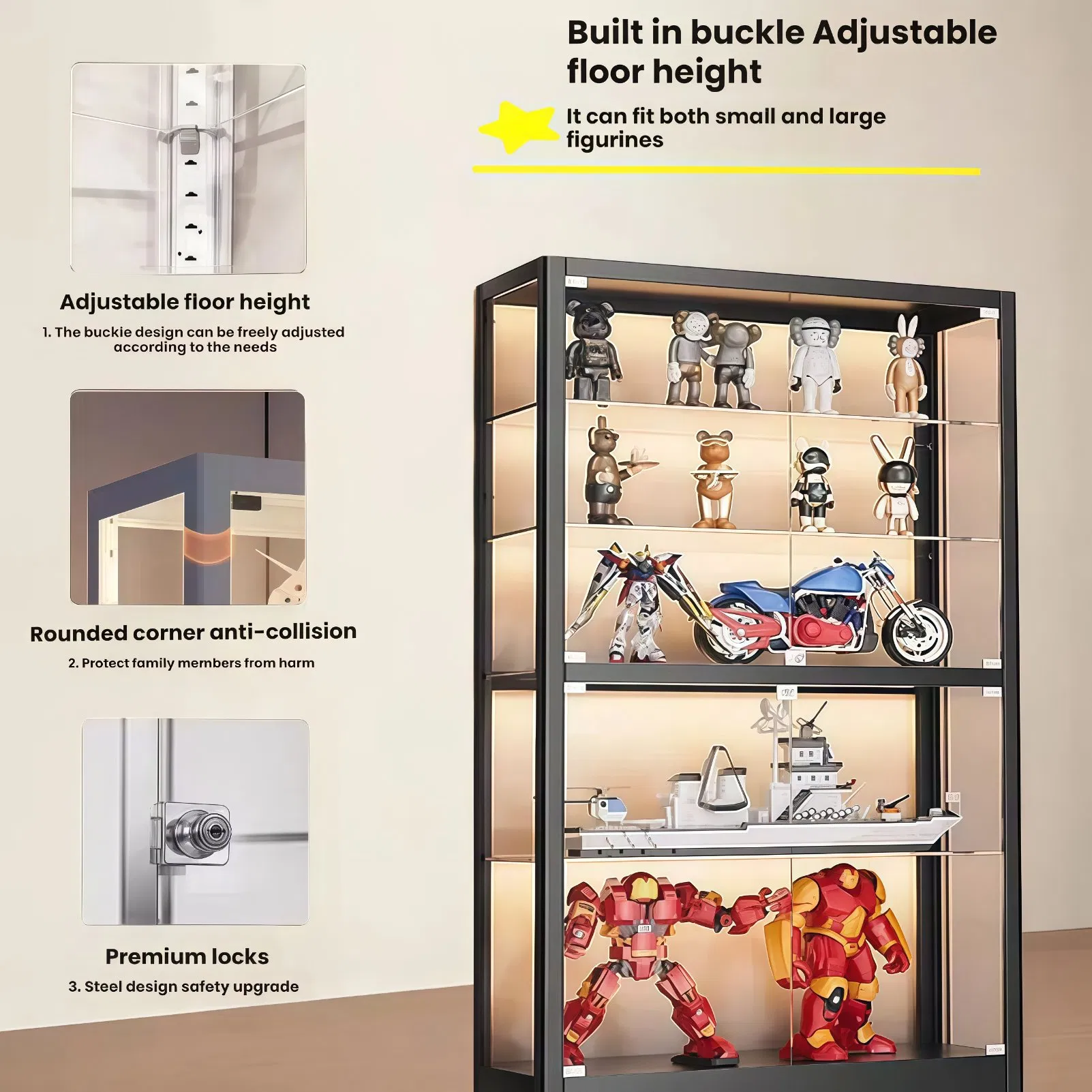 Stylish Glass Display Cabinet Action Figures Storage Cabinet Wooden Display Rack Showcase for Collectors