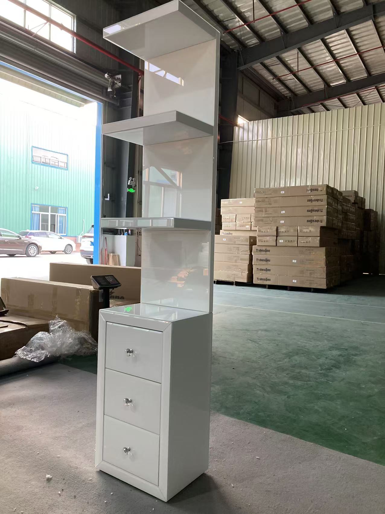White Glossy Paint Makeup Vanity Table with LED Lighted Mirror, Drawers and Shelves for Bedroom Storage