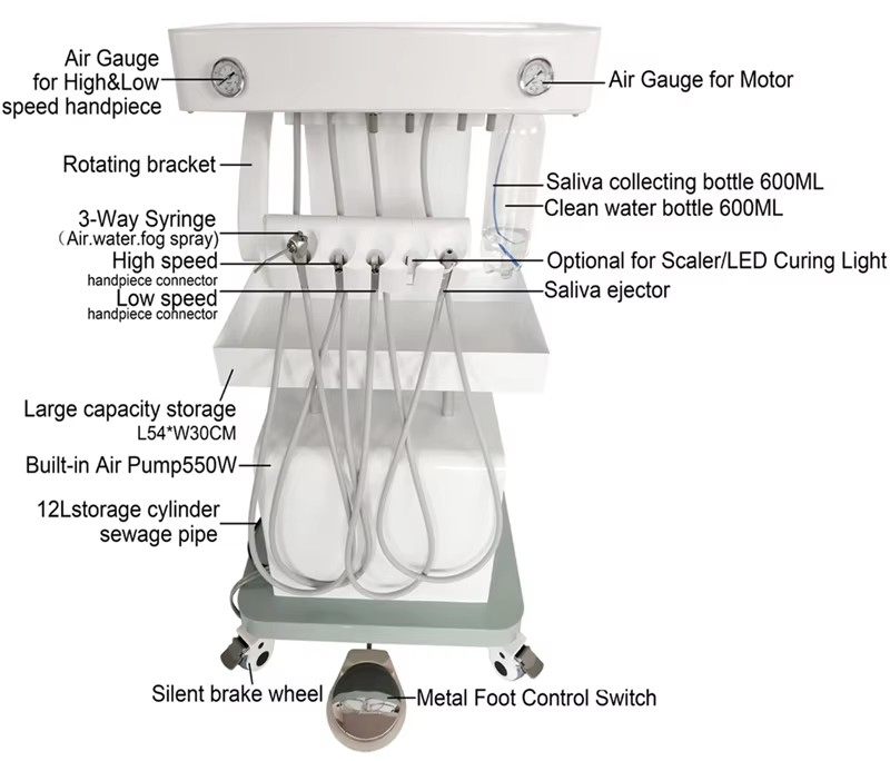 Factory Price Tooth Treatment Turbine Trolley Mobile Dental Unit with Air Compressor