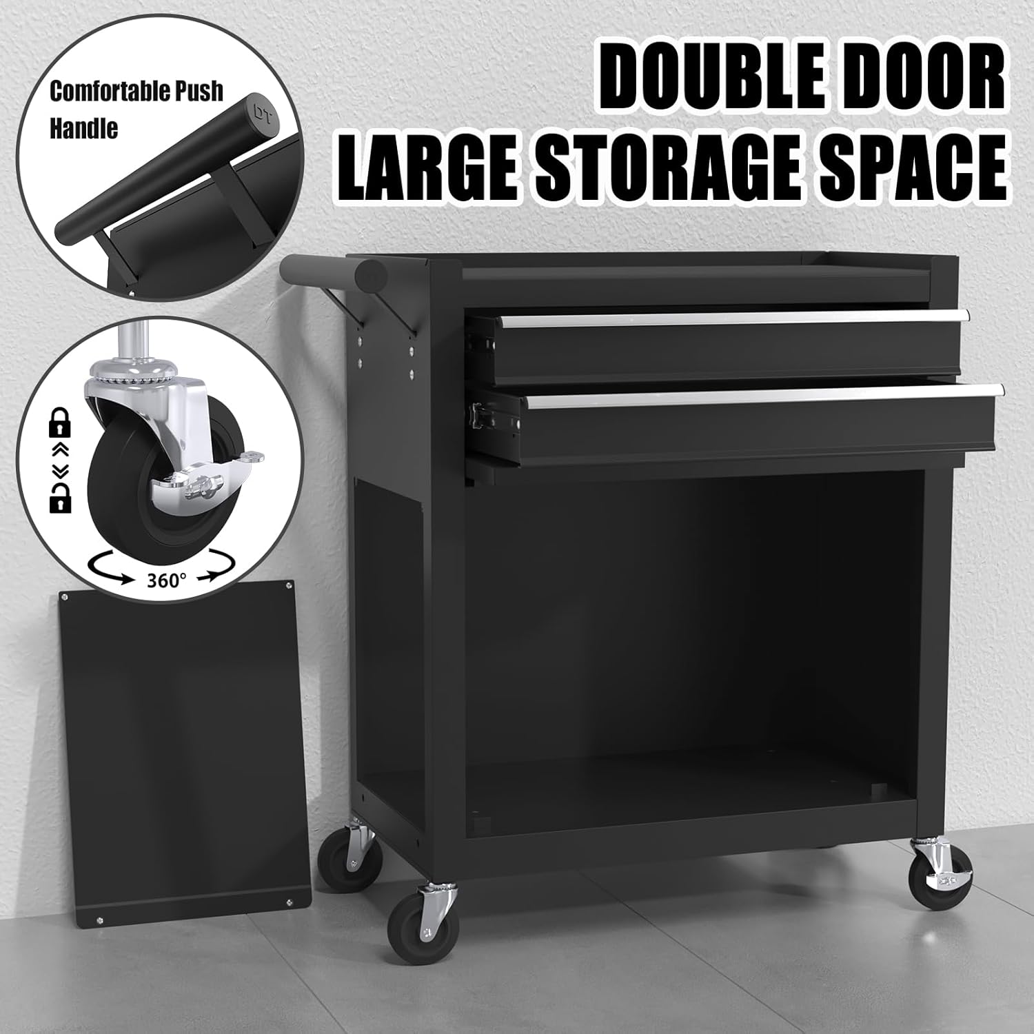 8-Drawer Rolling Tool Storage Cabinet Black Metal Tool Cart Detachable Top Lockable Wheels Side Hooks Locking Mechanism