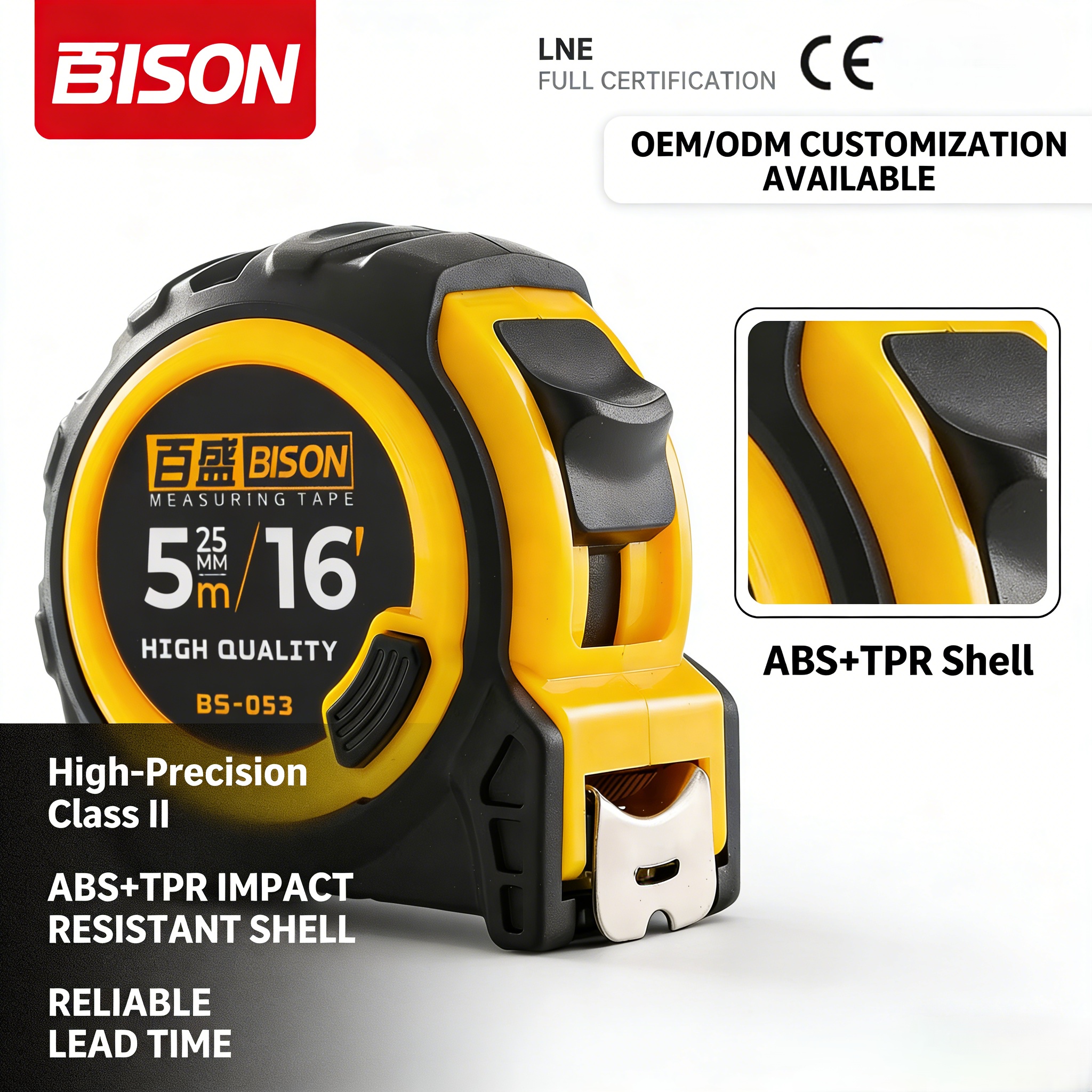 BISON High Precision Steel Tape Measure 5m 16ft Three Brakes Automatic Return Ruler Double-Sided Custom Logo Measuring