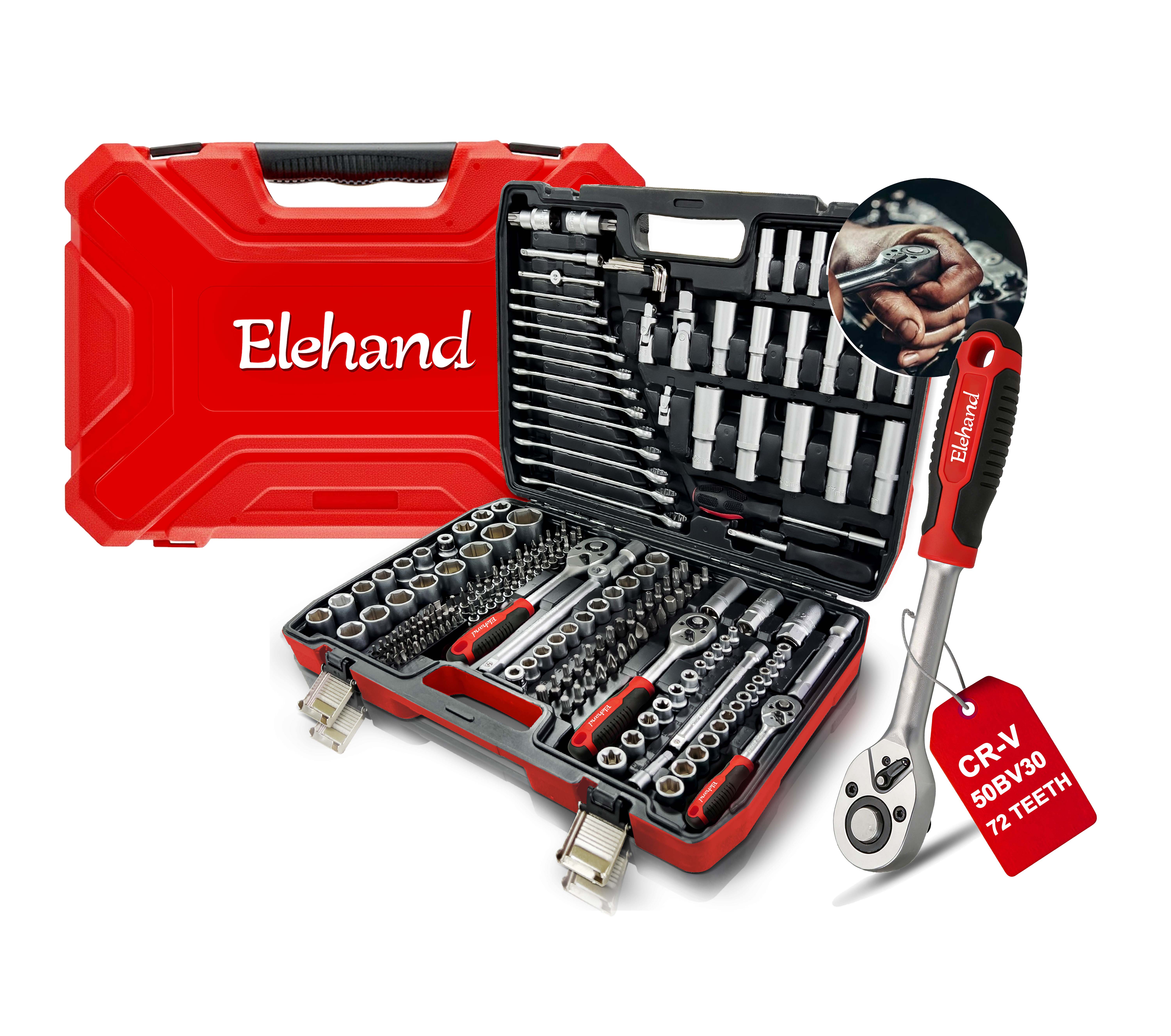 Elehand OEM 216-piece 1/4",3/8'',1/2" Drive Carbon Steel/CR-V Socket Set Hard Case Ratchet Screwdriver Socket Set Mechanic Tools
