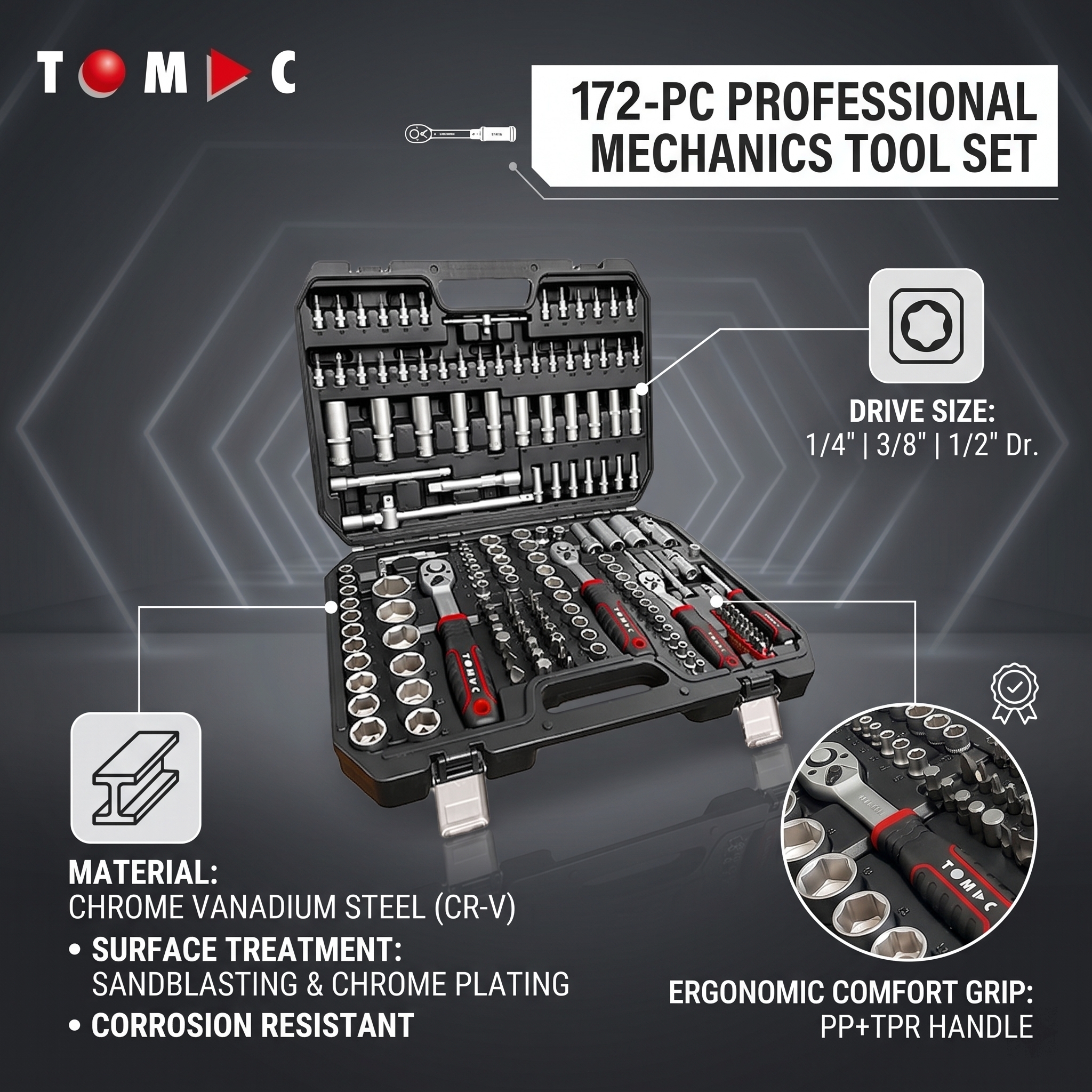 TOMAC 172pcs Professional Socket Tool Set for Cars Motorcycles and Bicycle Caja De Herramientas