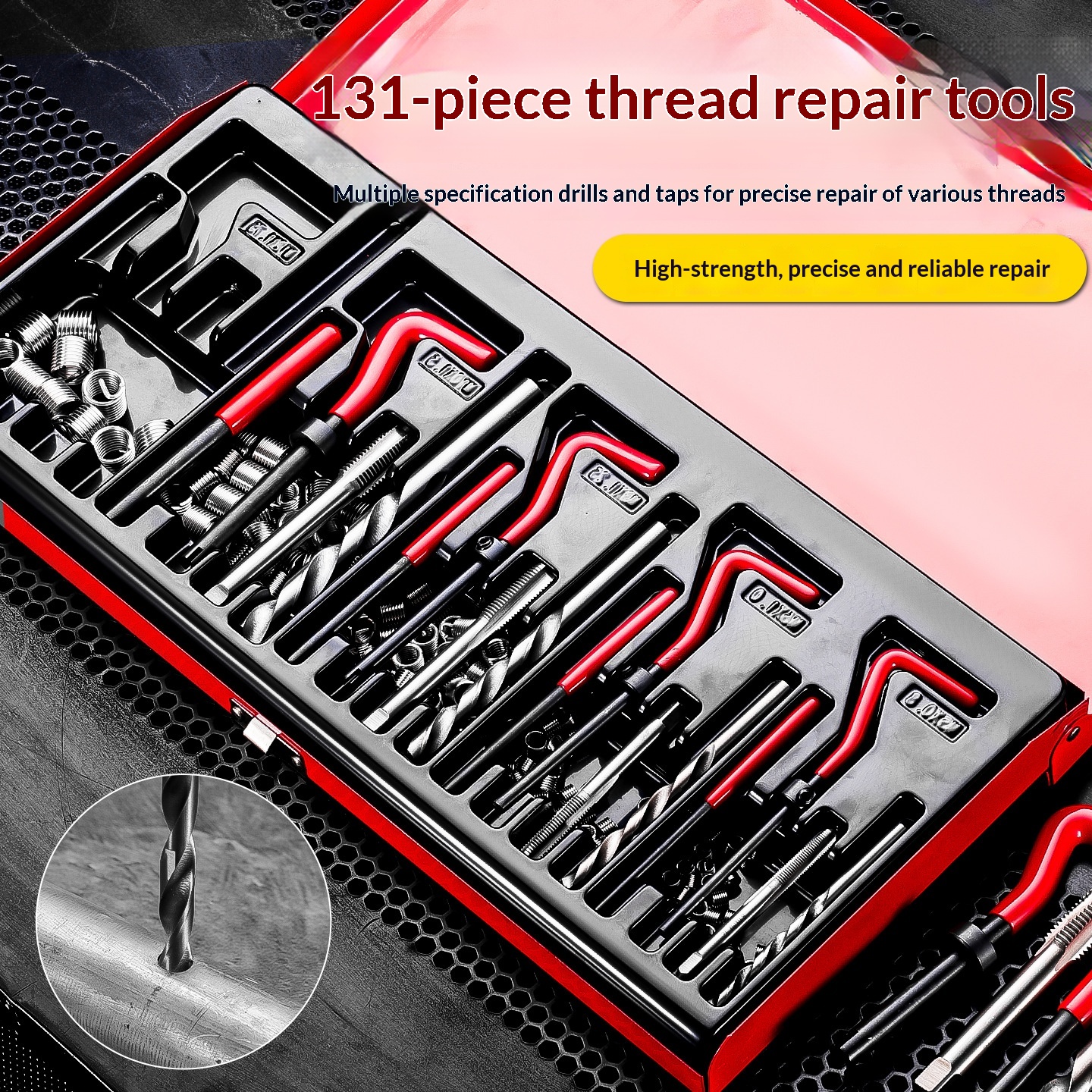 131-Piece Red Thread Repair Tool Set With High Precision Fast Tapping For Automobile Thread Damage Repair High Speed Steel Case