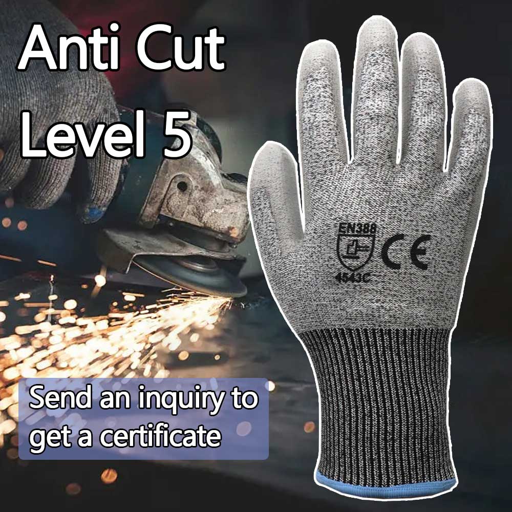HPPE En388 Glass Garden Protective Industry Anti Cut Level 5 PU Coated Construction Work Safety Cut Resistant Gloves