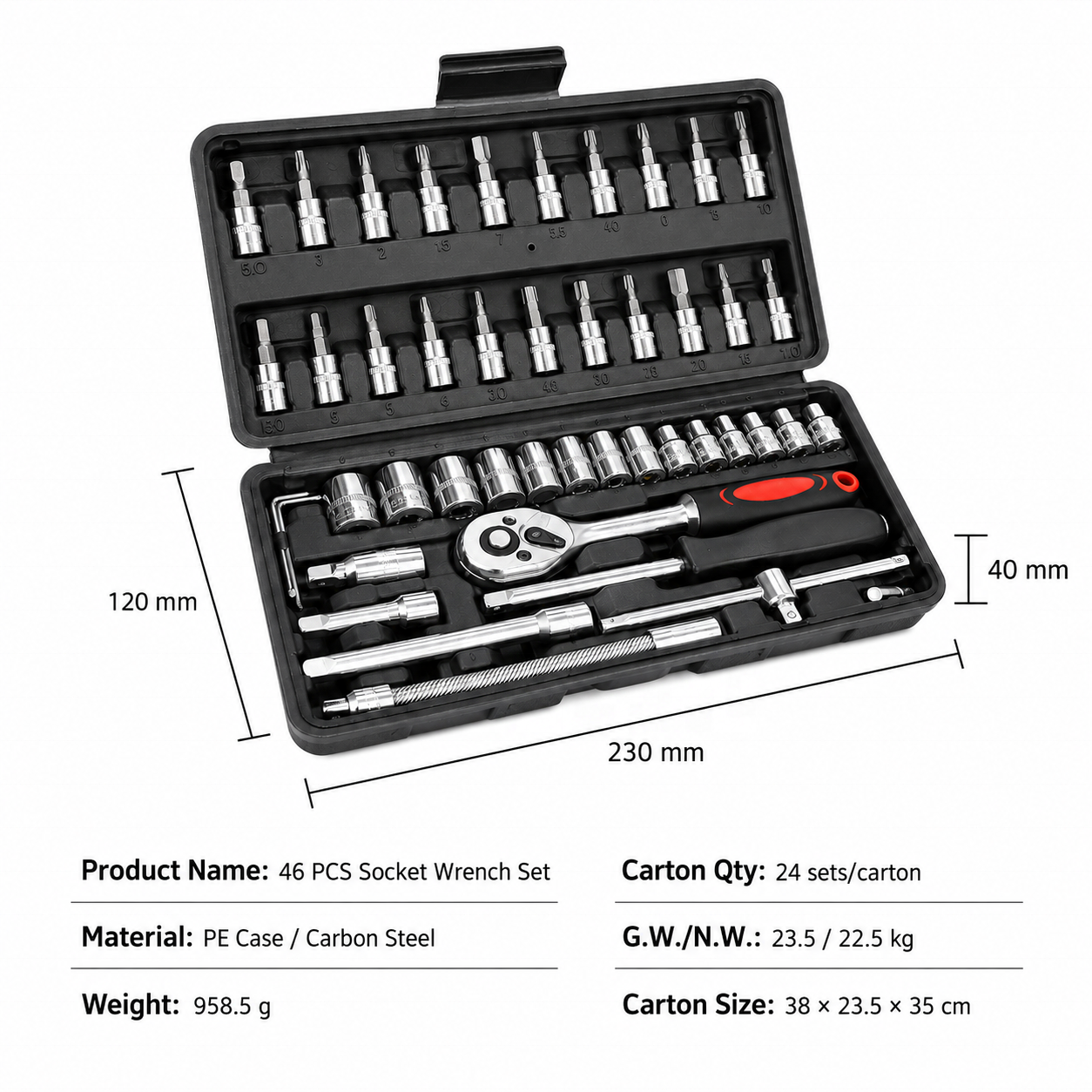 46pcs 1/4 Inch OEM Automotive Repair Hand Tool Combination Set Ratcheting Wrench Extension Bar Hard Case