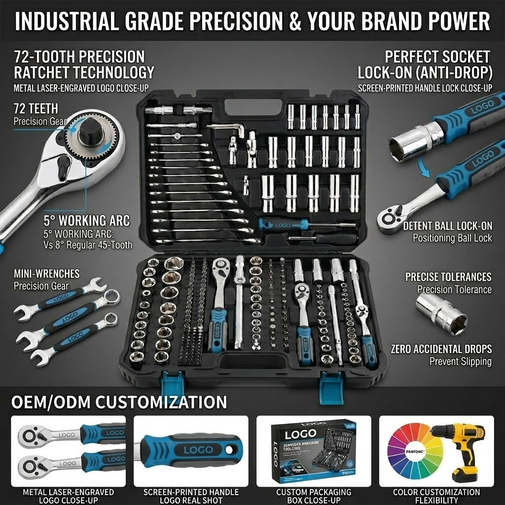 Wholesale 72T 216PC Hand Operated Chrome Vanadium Steel Tool Kit Socket Wrench Set Auto Repair Heavy Duty Tool Case Craftsman
