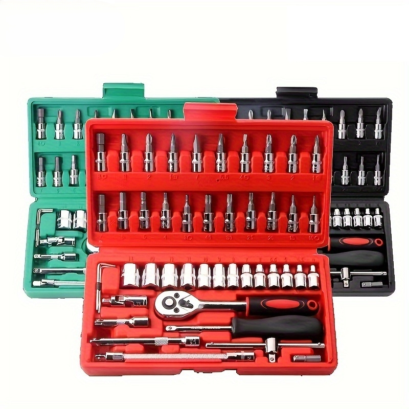 46-Pieces 1/4 Inch Drive Socket Ratchet Wrench Set Metric Bit Socket Extension Bar Hand Tools Case Pack Auto Repair Garden Use