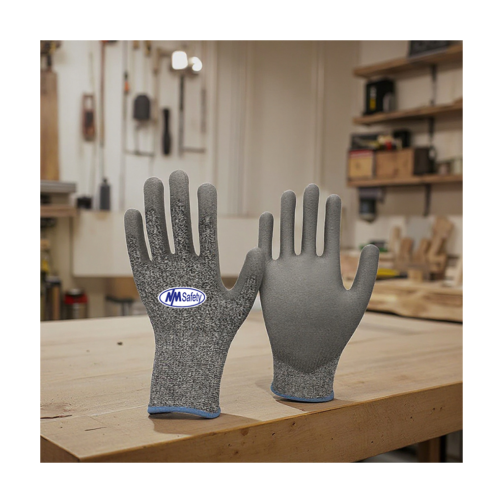 NMsafety HPPE ANSI Anti-Cut Level 5 Work Gloves PU Coated Nylon Custom Safety Gloves Construction EN388 Certified Touch Screen