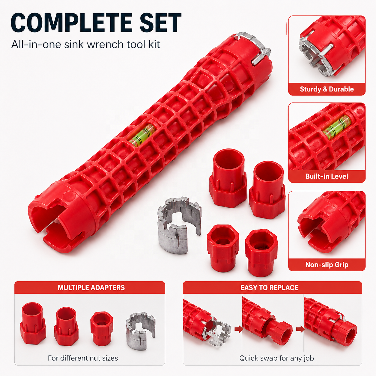 8-in-1 Customizable OEM DIY Alloy Basin Pipe Wrench Set Multifunctional Metric Faucet Installer Plumbing Tool Box Toilet Bowl