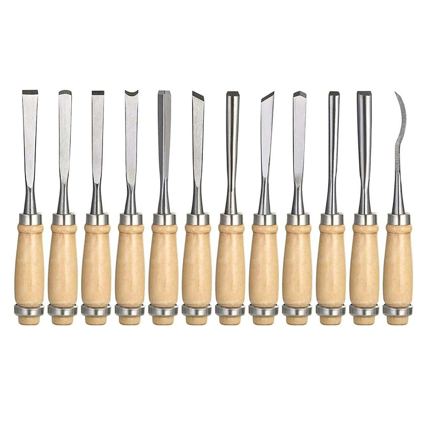 Woodworking Professional Lathe Gouges Tools Cr-V Material 12PCS Wood Carving Chisels Set for Beginners Starter