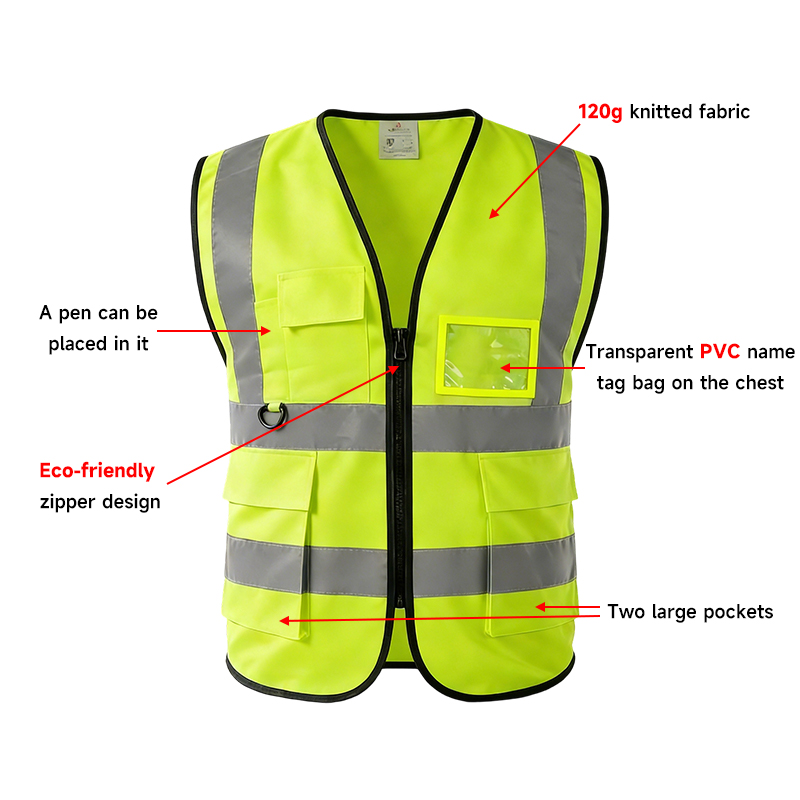 Factory Wholesale CE Class 2 Safety Vest With Pockets, Custom Logo High Visibility Reflective Zipper Workwear