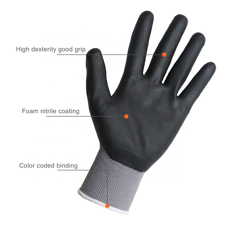 MAXITOUGH 13Gauge Polyester Work Hand Gloves With Nitrile Foam Coating En388 Grip Garden Gloves &amp; Protective Gear Safety Gloves