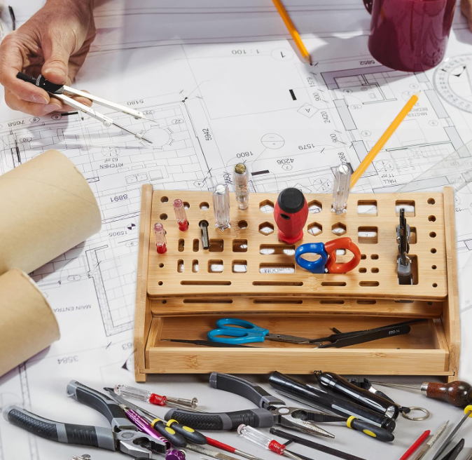 Modern Bamboo Workbench Rack Stand Desktop Organizer for Hand Screwdrivers Hammer Allen Wrench Storage Holder Standing