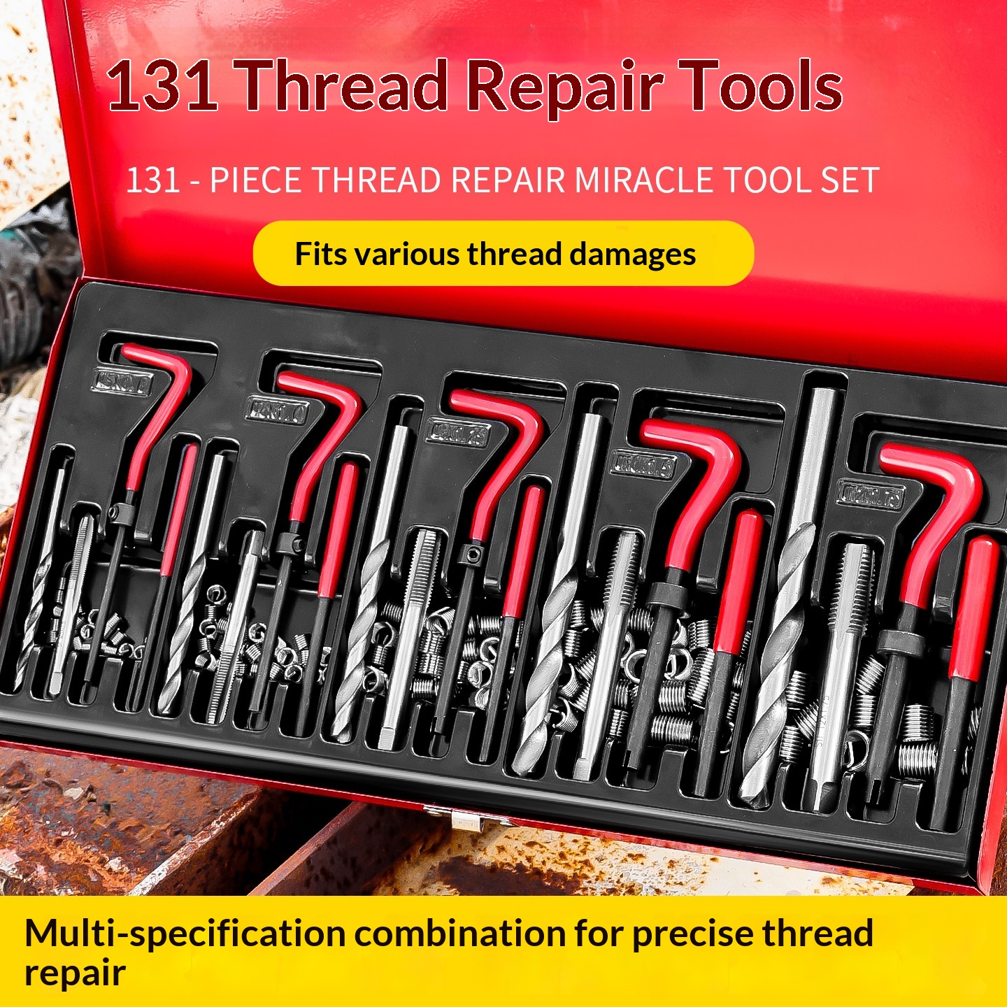 131-Piece Red Thread Repair Tool Set With High Precision Fast Tapping For Automobile Thread Damage Repair High Speed Steel Case