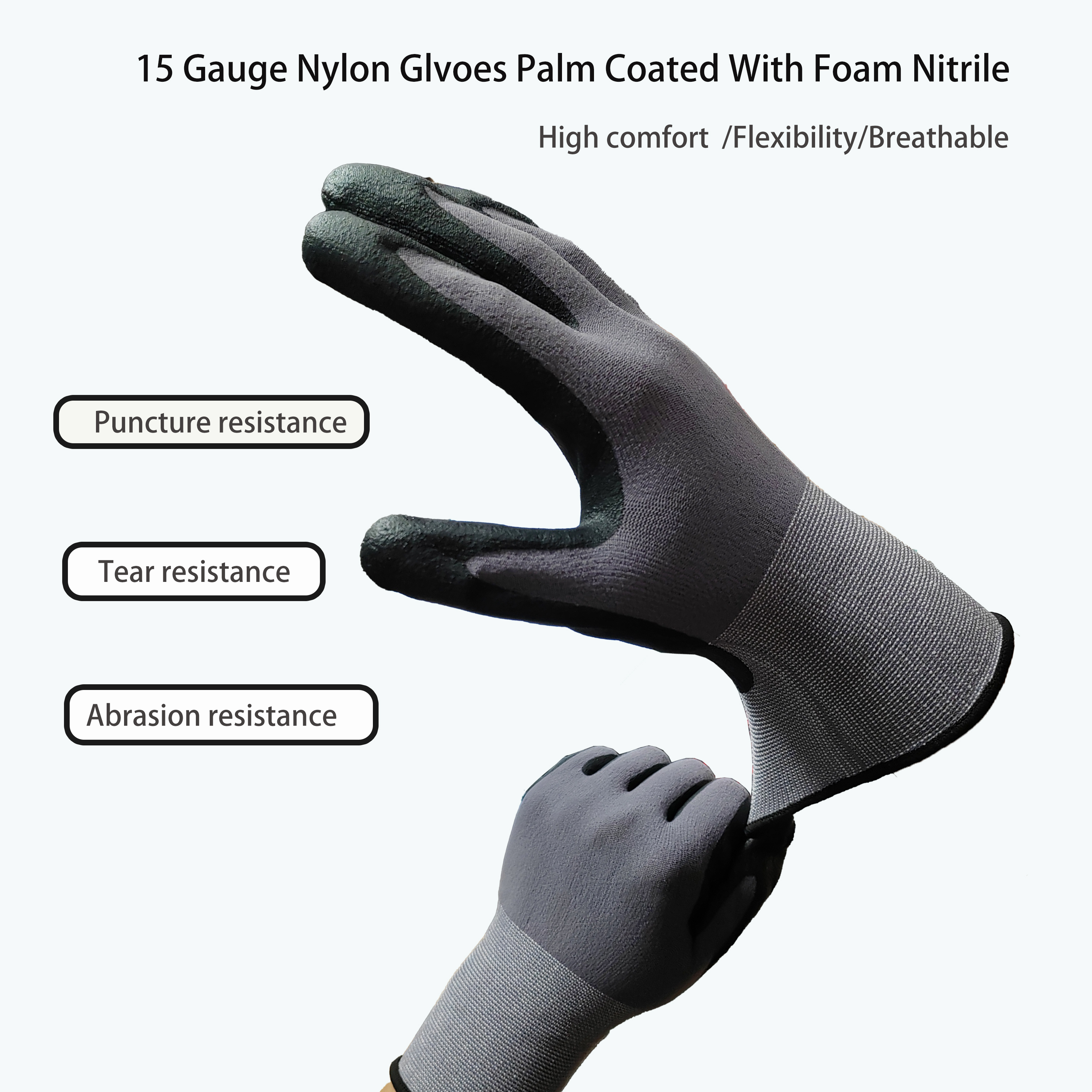 15 Gauge Black Garden Gloves Good Grip Wear-Resistant Breathable Nylon Knit Micro Foam Nitrile Coating Safety Protective Gear