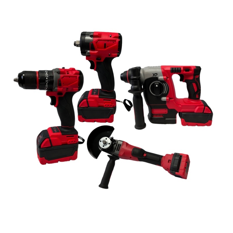 4-In-1 Cordless Red Brushless Tool Set Hammer Drill Impact Wrench Angle Grinder 4 Machines 4 Batteries 2 Industrial