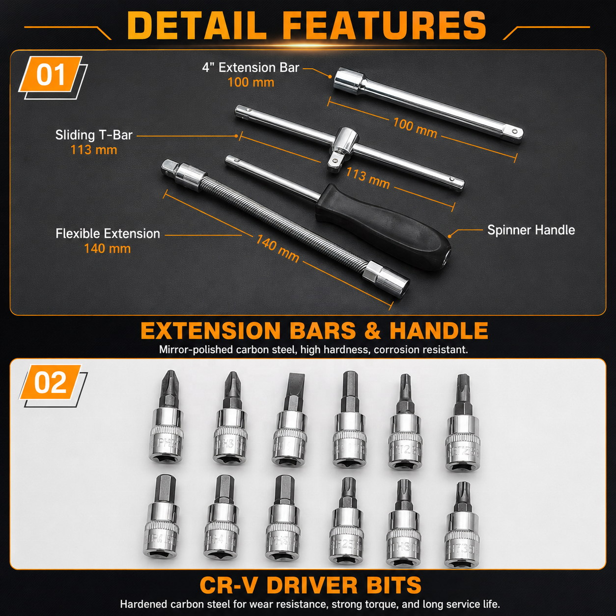 46pcs 1/4 Inch OEM Automotive Repair Hand Tool Combination Set Ratcheting Wrench Extension Bar Hard Case