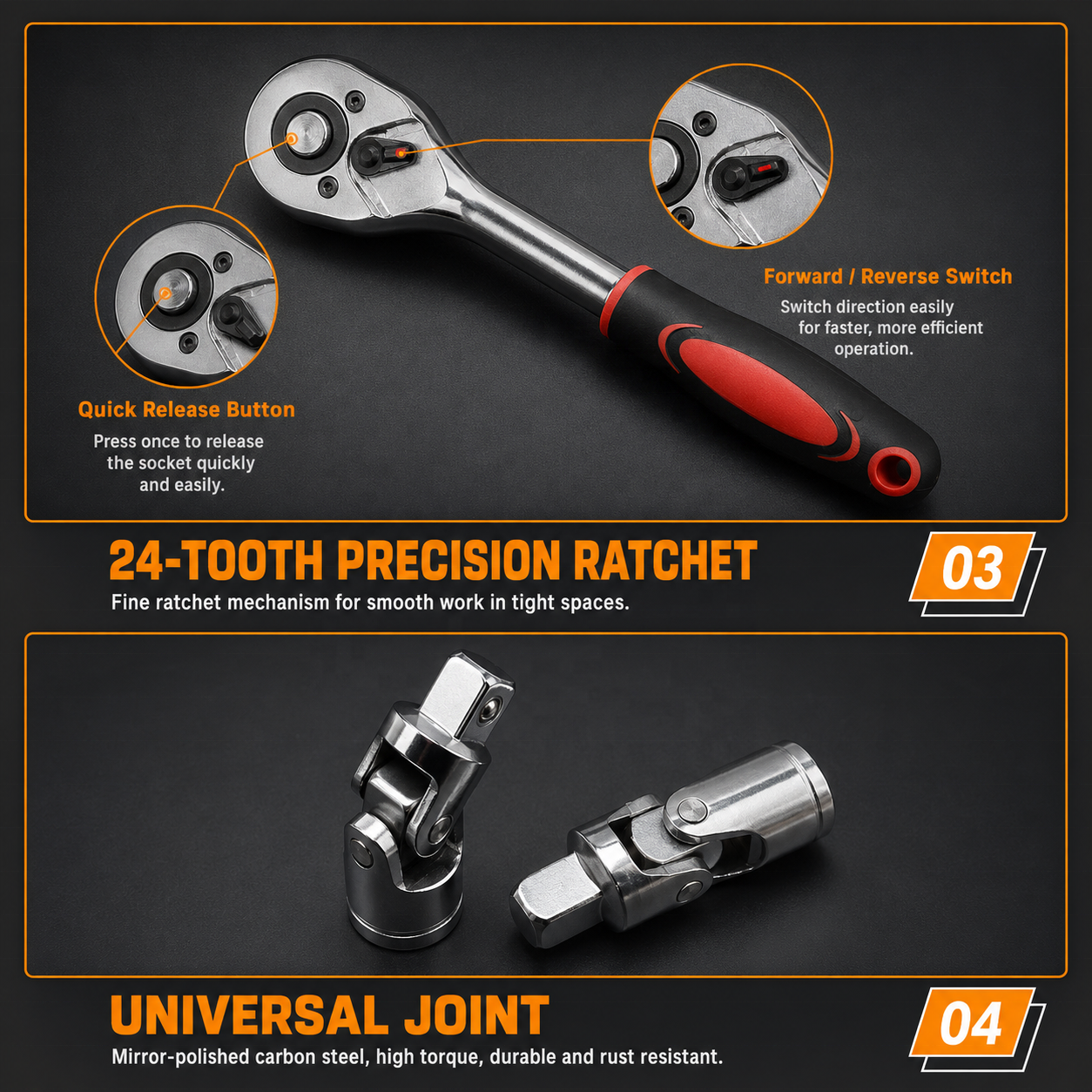 46pcs 1/4 Inch OEM Automotive Repair Hand Tool Combination Set Ratcheting Wrench Extension Bar Hard Case